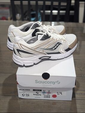 Saucony Ride Millennium Running Sneakers in White & Taupe